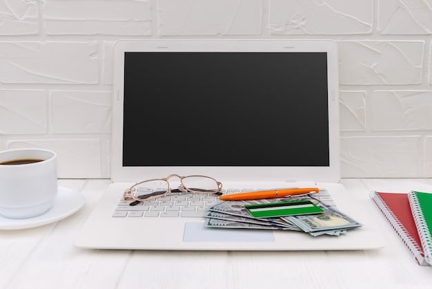 An organized desk with financial documents, a laptop displaying tax software, and a piggy bank labeled 