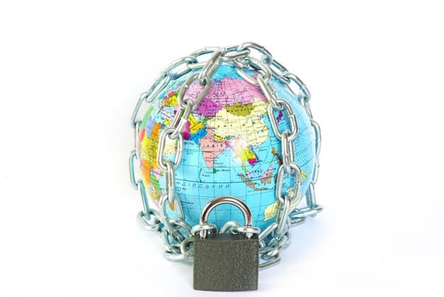 A padlock icon hovering over a world map, symbolizing global data privacy and the secure transfer of information across borders.
