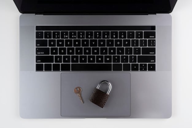A close-up of a digital padlock icon hovering over a laptop keyboard, symbolizing data security and privacy. The padlock is rendered in a bright, futuristic style, highlighting the technological aspect of data protection.