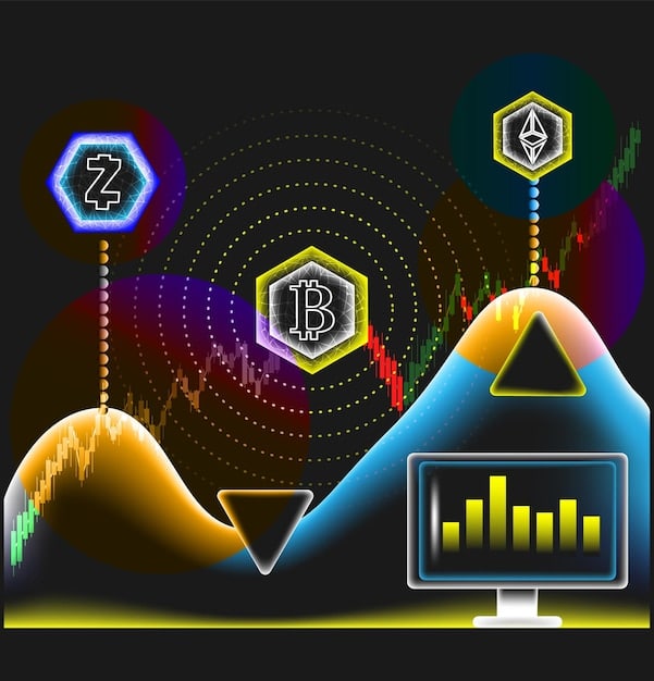 A graph showing the fluctuating values of different cryptocurrencies with the SEC logo subtly placed in the background, illustrating the regulatory influence on market volatility.