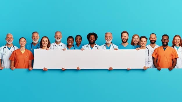 A diverse group of people standing together, symbolizing community and access to healthcare. The background includes imagery representing various aspects of healthcare, such as doctors, hospitals, and insurance cards.