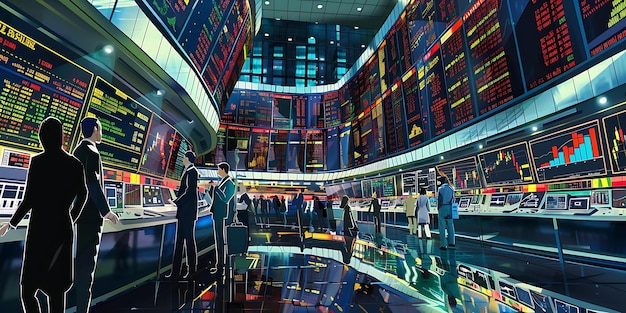 A split-screen image showing contrasting scenes: on one side, a bustling stock exchange floor with screens displaying fluctuating numbers, representing market volatility; on the other side, a calm, green pasture with grazing livestock, symbolizing stable, long-term investments.