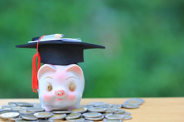 An overhead shot of a piggy bank wearing a graduation cap, surrounded by stacks of coins and dollar bills, symbolizing saving for future education and financial goals.
