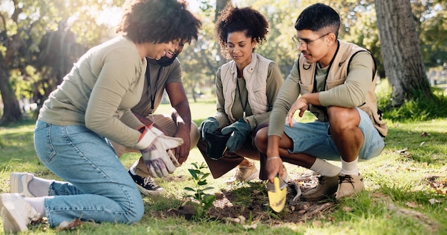 A student working on a community service project, planting trees with a group of volunteers, showcasing extracurricular involvement and civic engagement.