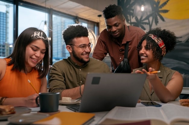 A diverse group of young people working together on a coding project, symbolizing the importance of attracting and retaining young talent in the tech industry. The setting is a modern, collaborative workspace, emphasizing innovation and teamwork.