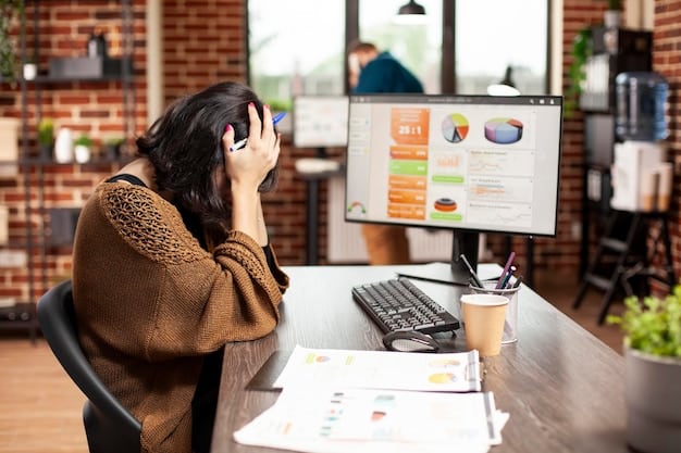 A frustrated project manager looking at a Gantt chart filled with delays, highlighting the impact of labor shortages on project timelines and innovation. The setting is a brightly lit office, emphasizing the stress and pressure caused by the talent shortage.