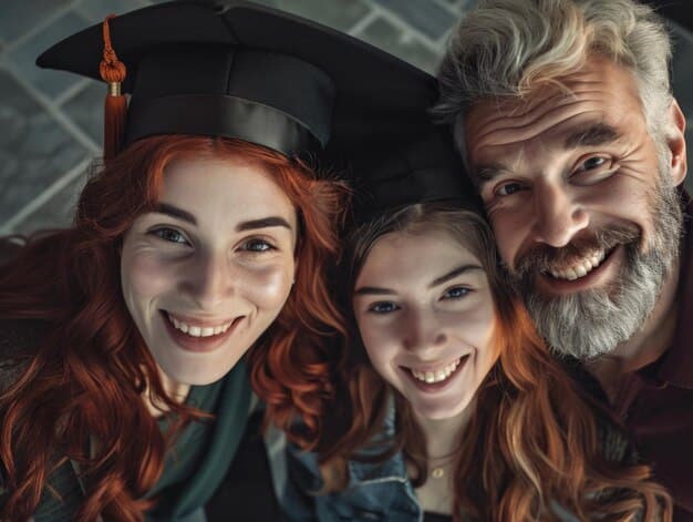 A split image. On one side, a family smiling, holding hands, with a graduation cap in the air. On the other side, a calculator and a 529 plan document. The image represents the intersection of family happiness and financial planning for education. The colors are bright and inviting, suggesting ease and success.