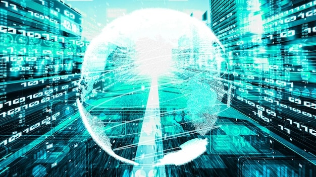 An abstract image representing data flow and network security, emphasizing the collaboration between public and private sectors in cybersecurity. The image includes interconnected nodes and secure data pathways.