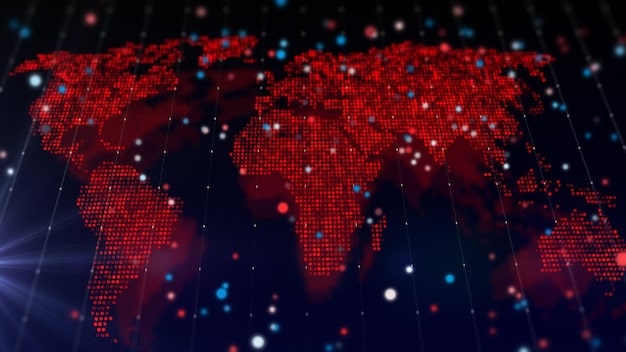 A world map overlaid with digital code streams, representing the global interconnectedness of cyber threats and the worldwide impact of data breaches. Red lines pinpoint recent major attack locations.