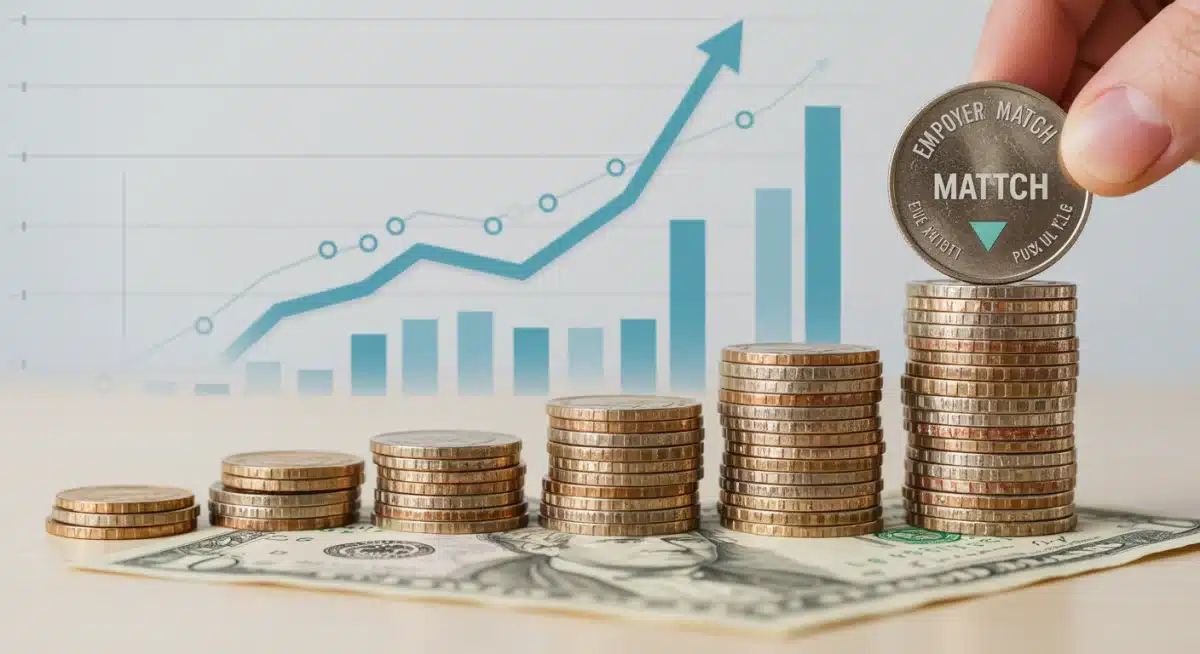 Growing stack of money with an 'Employer Match' coin, illustrating financial growth.