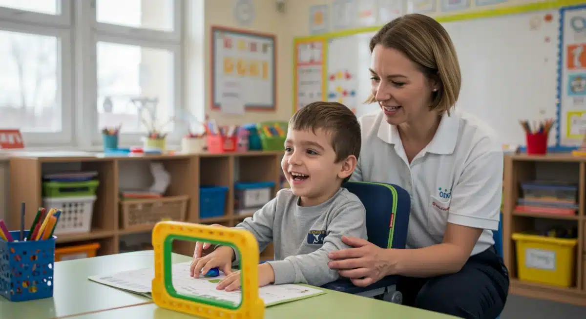 Special education teacher assists a child with adaptive learning tools in an inclusive classroom.