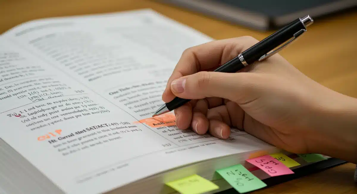 Student actively reviewing a SAT/ACT prep book with notes