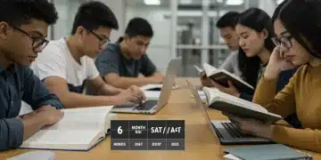 High school students studying for SAT/ACT with textbooks and laptops