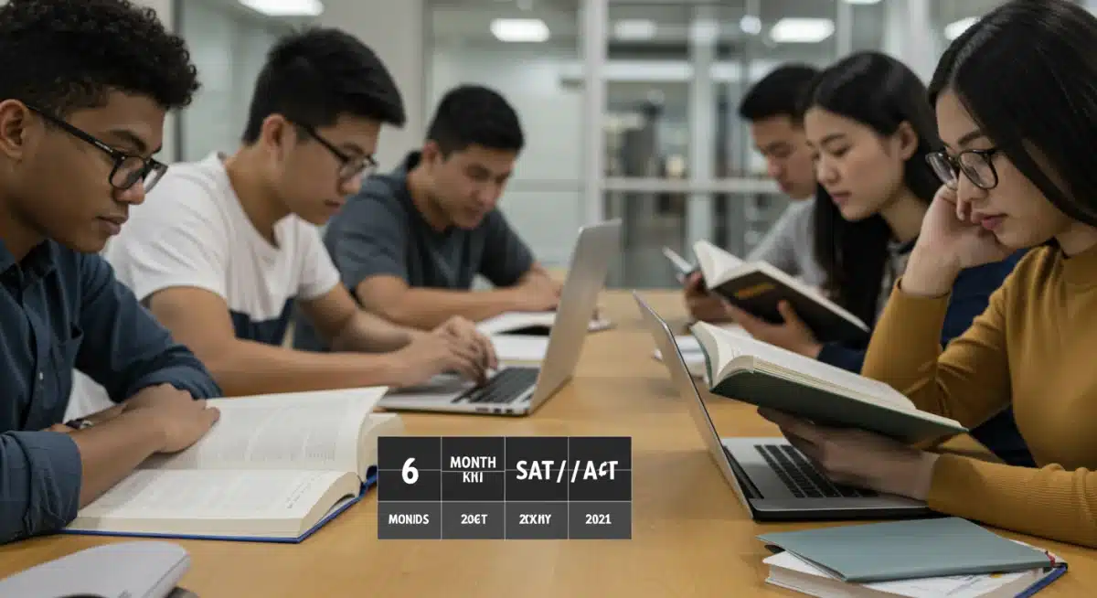 High school students studying for SAT/ACT with textbooks and laptops