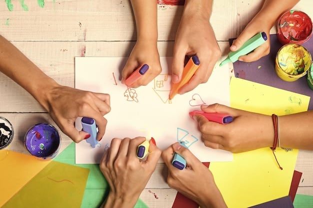 Students working collaboratively on a group project in a colorful and well-equipped classroom. The image should emphasize teamwork and hands-on learning.