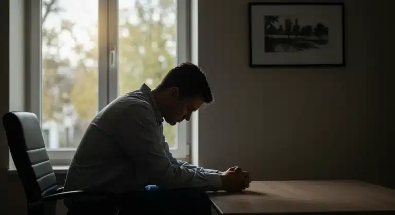 Person reflecting quietly in a subdued setting, representing bereavement leave