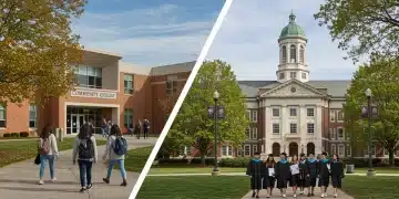 Split image comparing a bustling community college campus with a historic 4-year university campus in the U.S.