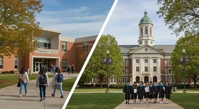 Split image comparing a bustling community college campus with a historic 4-year university campus in the U.S.