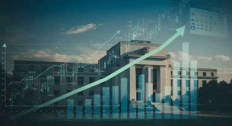 Federal Reserve building with rising interest rate graph and financial charts