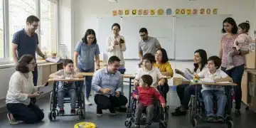 Parents and children with special needs engaging with educators in an inclusive classroom, representing special education funding in 2026.