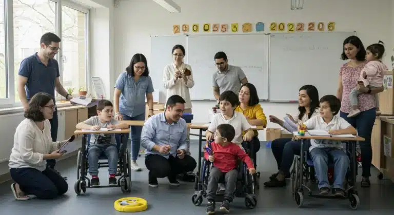 Parents and children with special needs engaging with educators in an inclusive classroom, representing special education funding in 2026.