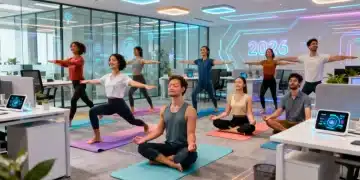 Employees engaging in diverse wellness activities in a modern office setting, promoting health and well-being.