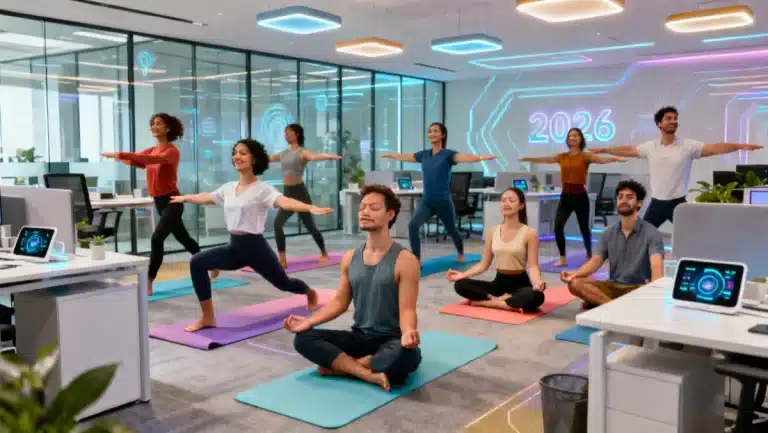 Employees engaging in diverse wellness activities in a modern office setting, promoting health and well-being.
