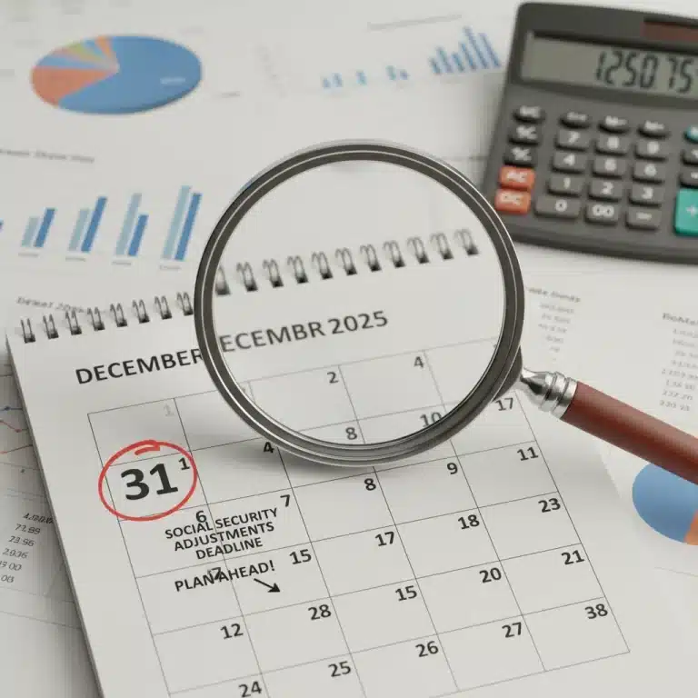 December calendar with magnifying glass for 2026 Social Security adjustments