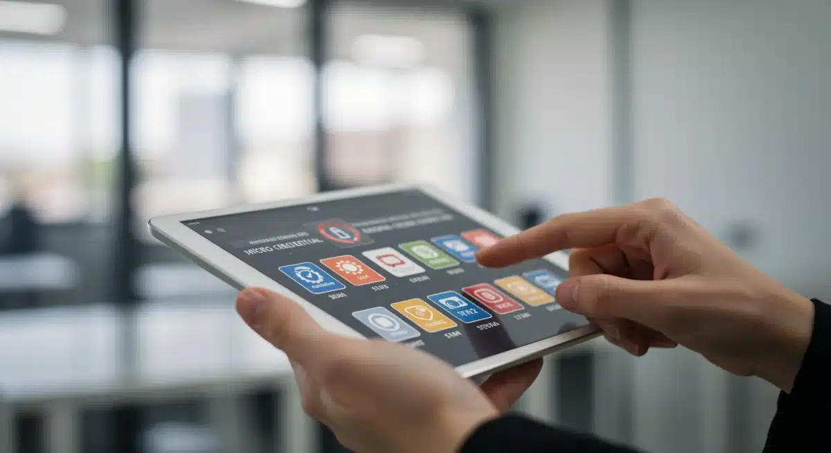 Digital micro-credential badges on a tablet, skill recognition, modern office background