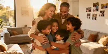 Joyful diverse family embracing in a modern living room after successful adoption