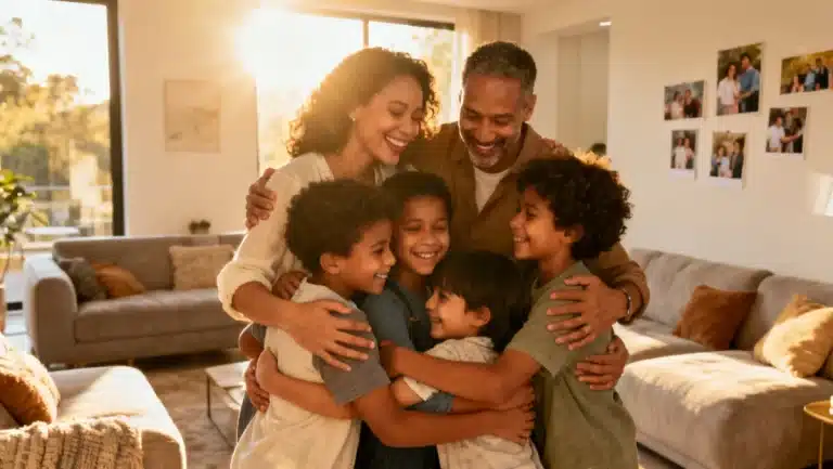 Joyful diverse family embracing in a modern living room after successful adoption
