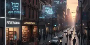 Urban retail landscape at dusk, brick-and-mortar stores adapting to digital shifts