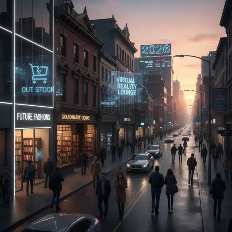 Urban retail landscape at dusk, brick-and-mortar stores adapting to digital shifts