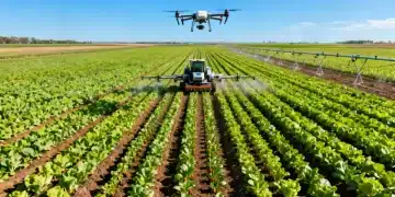 Aerial view of advanced US farmlands utilizing precision farming technology