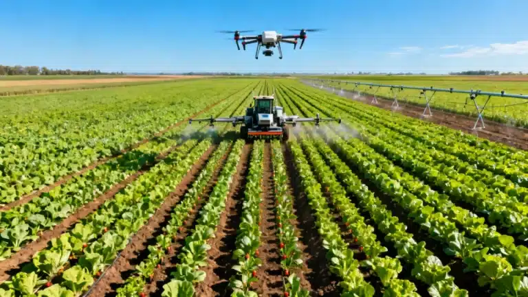 Aerial view of advanced US farmlands utilizing precision farming technology