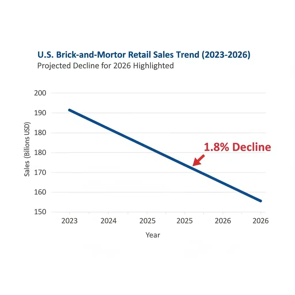 Graph showing projected 1.8% decline in US brick-and-mortar sales by 2026