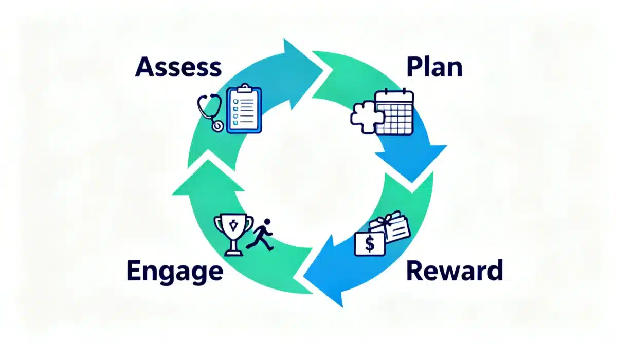 Infographic illustrating the four-step cycle of wellness program participation: assess, plan, engage, reward.