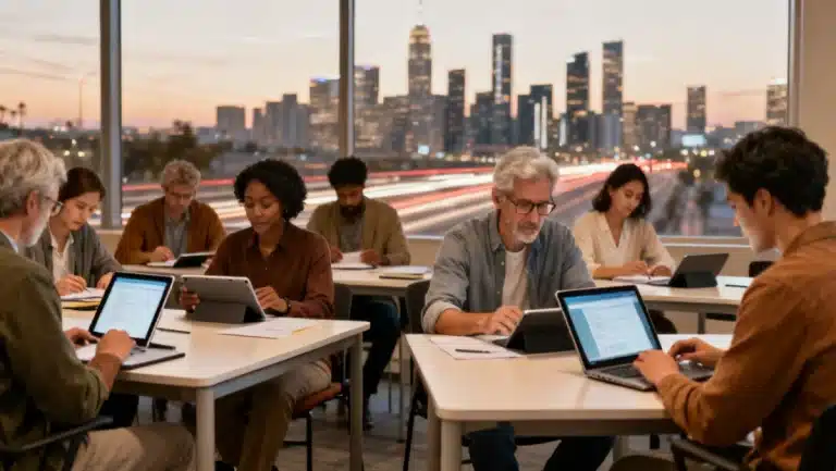 Adults engaged in modern reskilling and upskilling programs for future economy