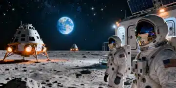 Artemis III mission spacecraft approaching lunar south pole