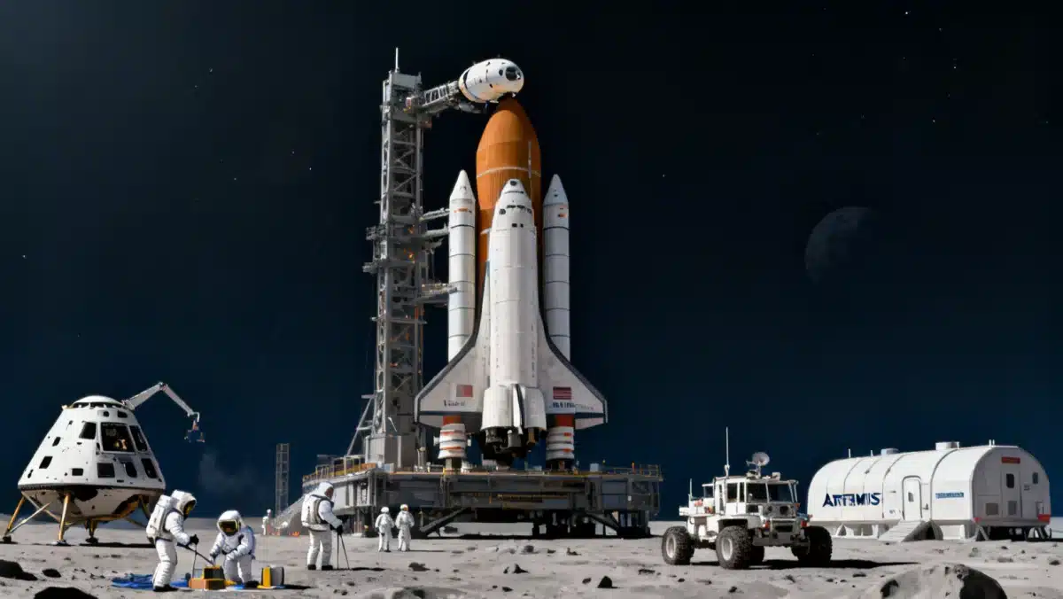 Detailed illustration of Artemis mission components and lunar operations