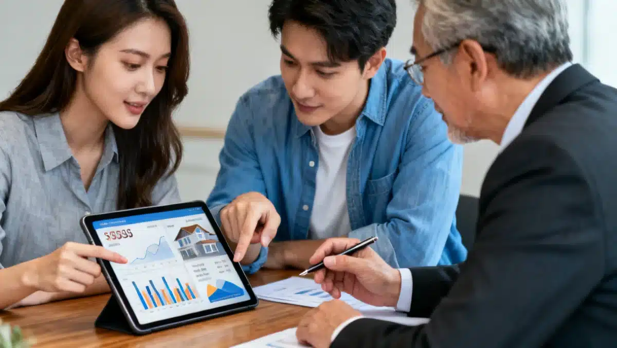 People analyzing real estate market data on a tablet, focusing on investment strategies.