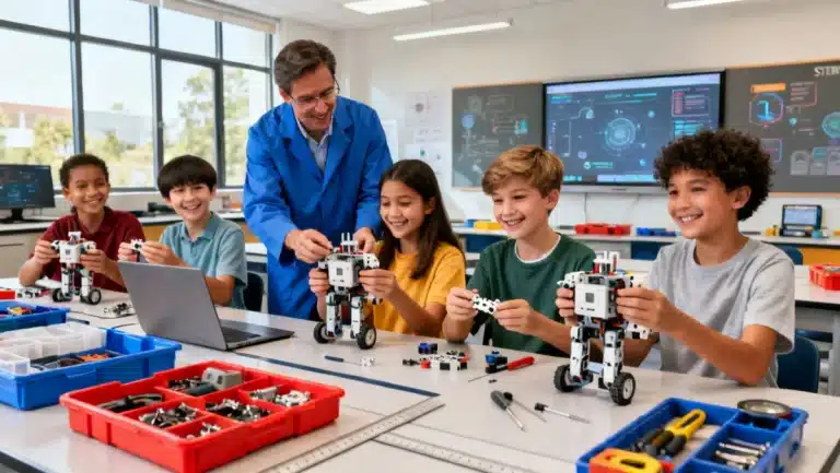 Diverse students engaged in robotics workshop, embodying STEM education initiatives 2026