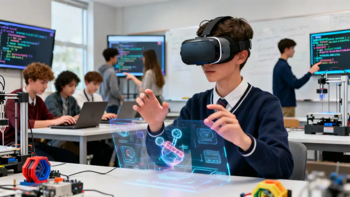 High school student using VR for science, advanced STEM learning
