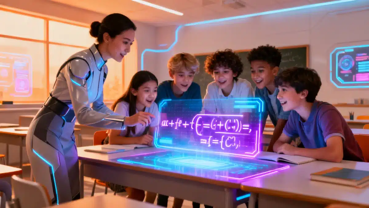 Teacher guiding students through advanced holographic lesson