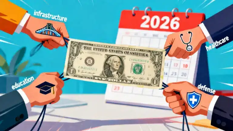 Illustration of US dollar bill influenced by various government spending priorities for Federal Budget 2026.