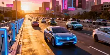 Electric vehicles on a highway at sunset, symbolizing growth and innovation in the US automotive market.