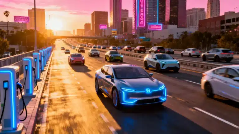 Electric vehicles on a highway at sunset, symbolizing growth and innovation in the US automotive market.