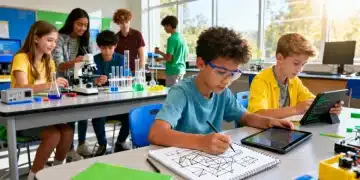 Students engaged in advanced learning activities in a modern classroom