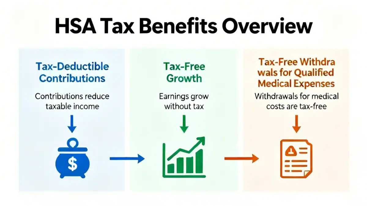 Infographic showing the triple tax advantages of Health Savings Accounts (HSAs).