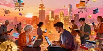 People happily shopping online on diverse devices, symbolizing growth in e-commerce